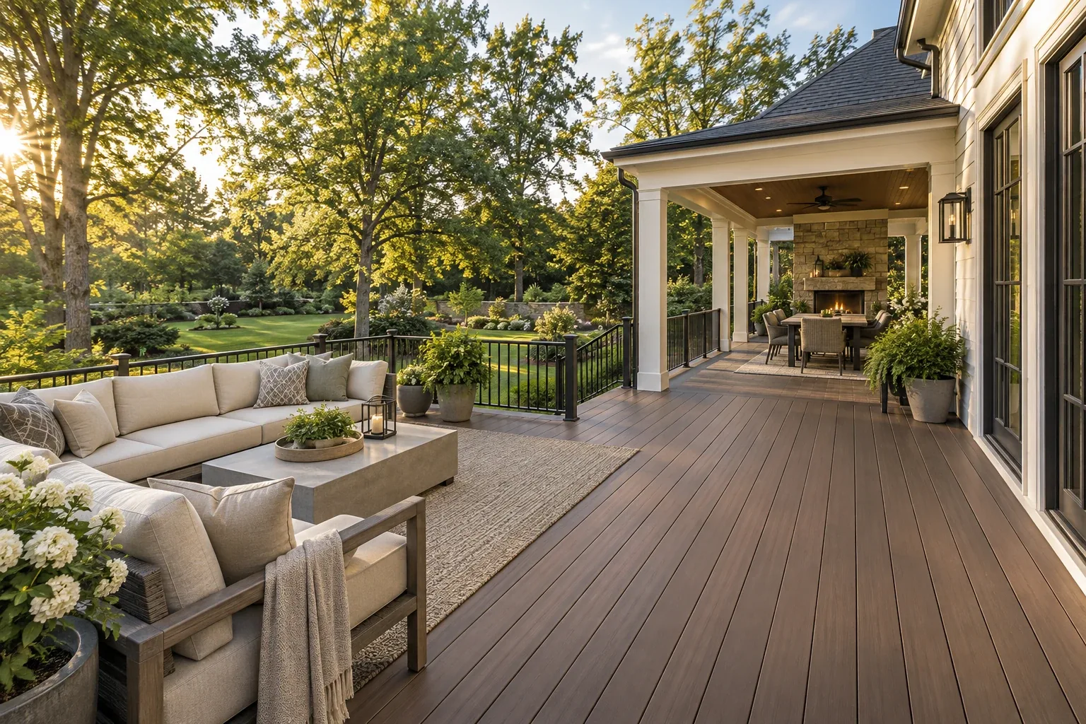 Concept of an inviting deck and covered porch in a landscaped backyard