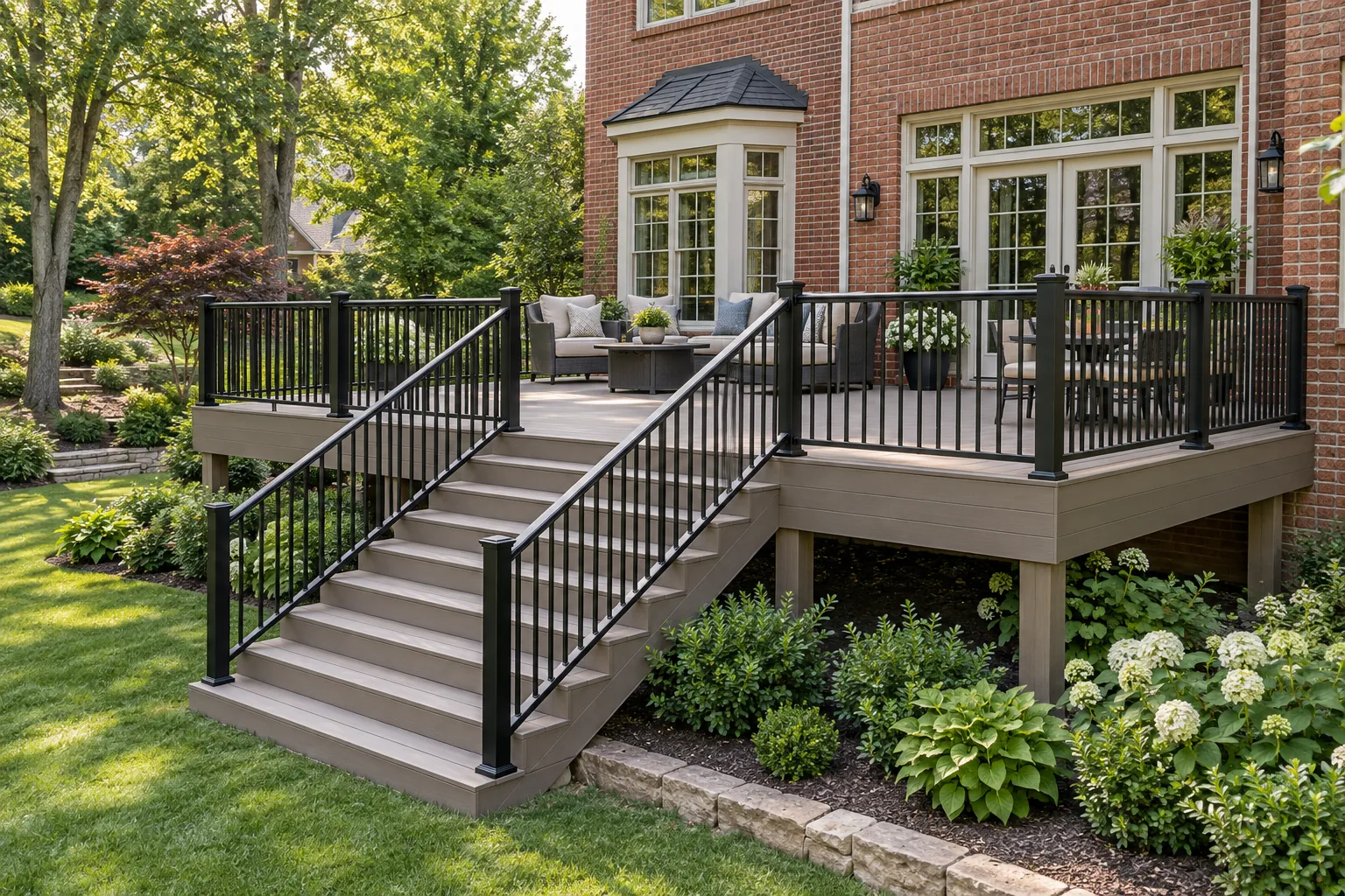 Concept example of an open deck with stairs and railings beside a brick home