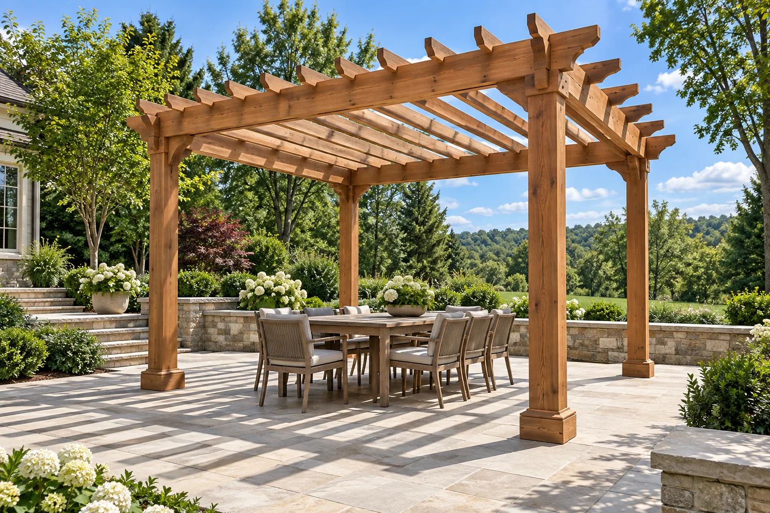Concept example of an open timber pergola over a stone terrace
