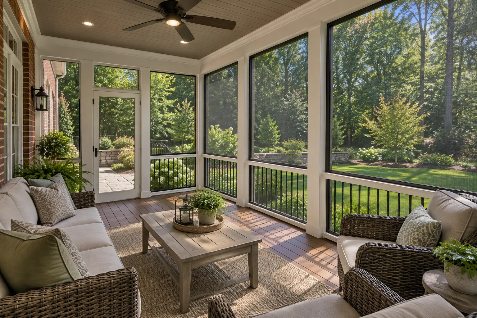 Concept example of a furnished screened porch with garden views