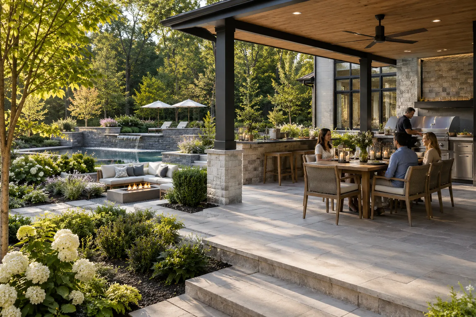 Contemporary outdoor living concept with covered dining, a kitchen and layered planting