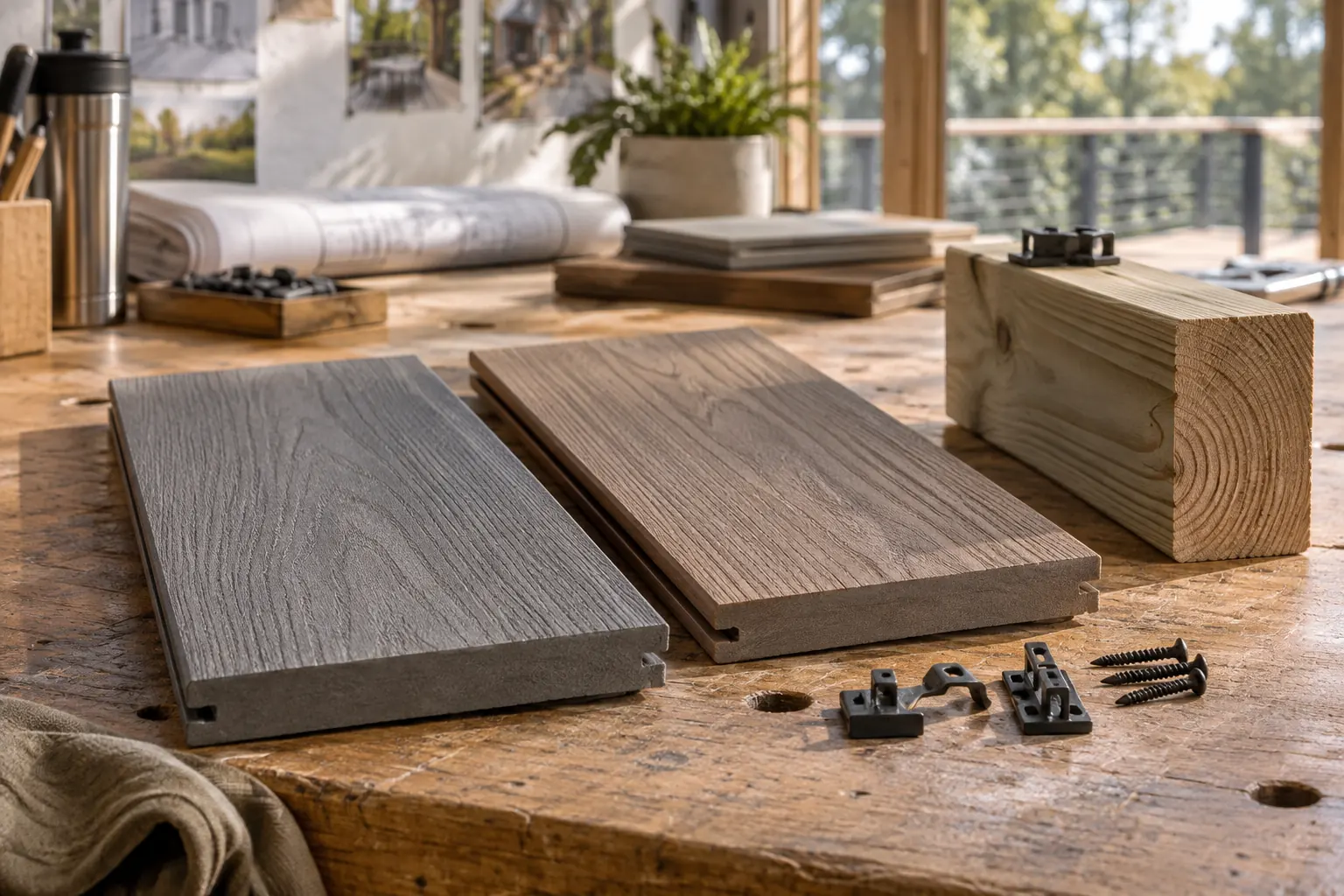 Decking profiles and fastening components arranged for a material comparison