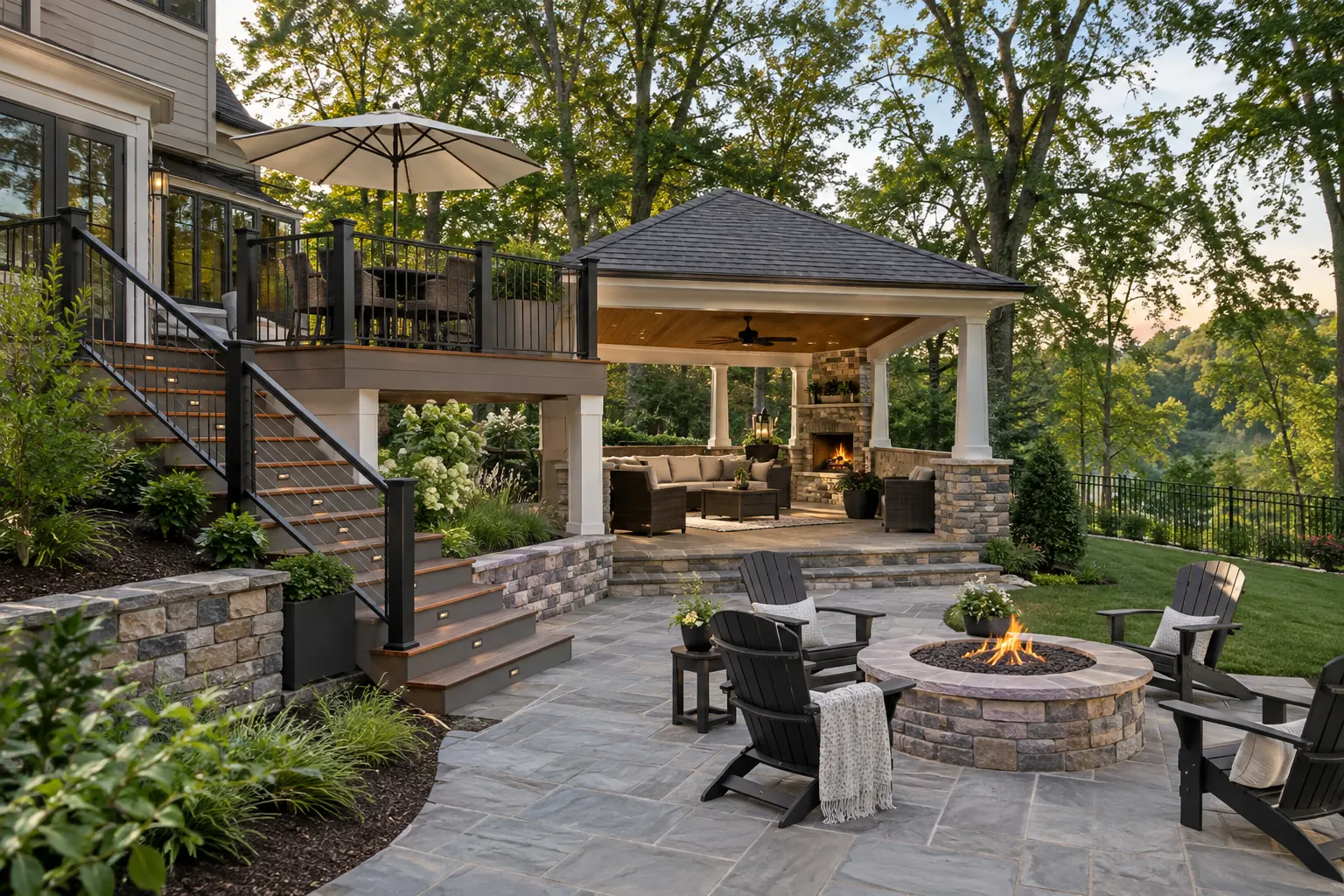 Backyard concept connecting an elevated deck, ground-level patio and covered seating