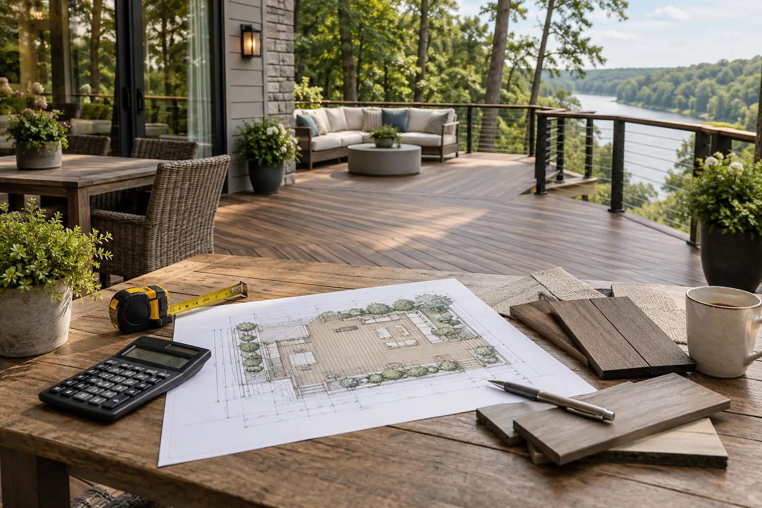 Deck budgeting workspace with a calculator, plans, measuring tape and decking samples