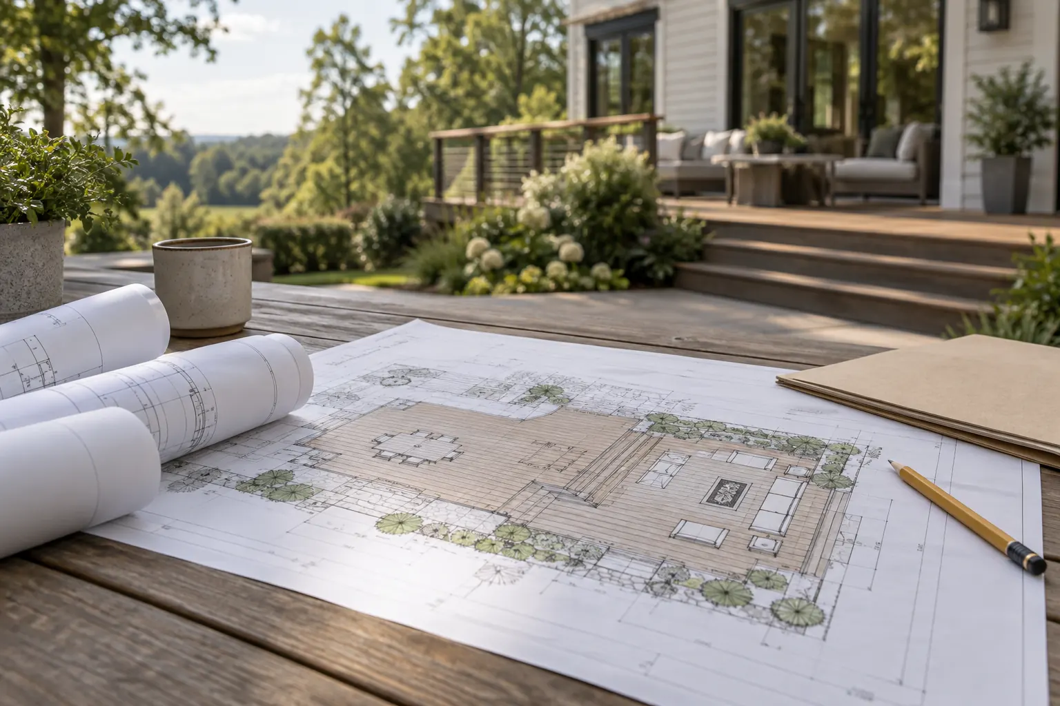 Residential deck planning drawings and documents arranged for permit preparation