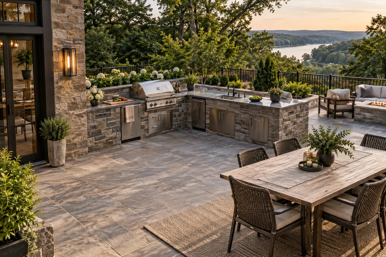 L-shaped outdoor kitchen with separate preparation, cooking and dining spaces