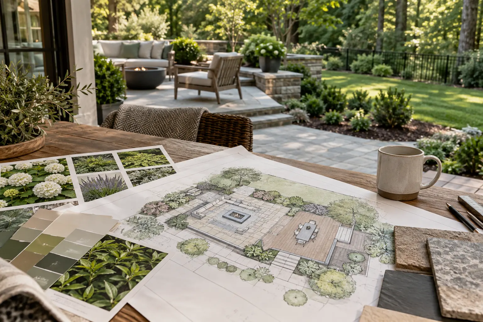 Outdoor living planning workspace with a garden layout and material selections