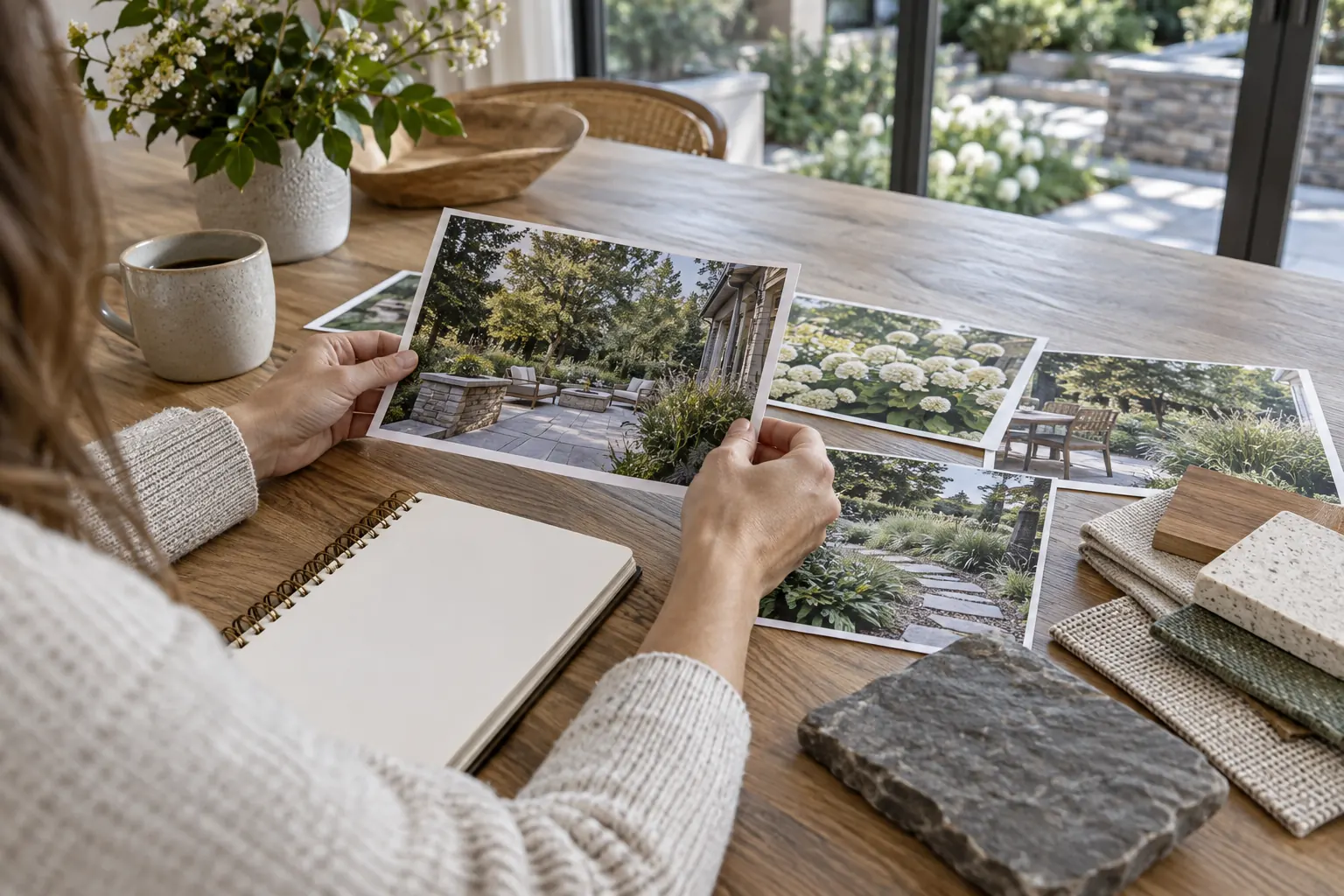 Hands arranging property photos, notes and material samples for a project consultation