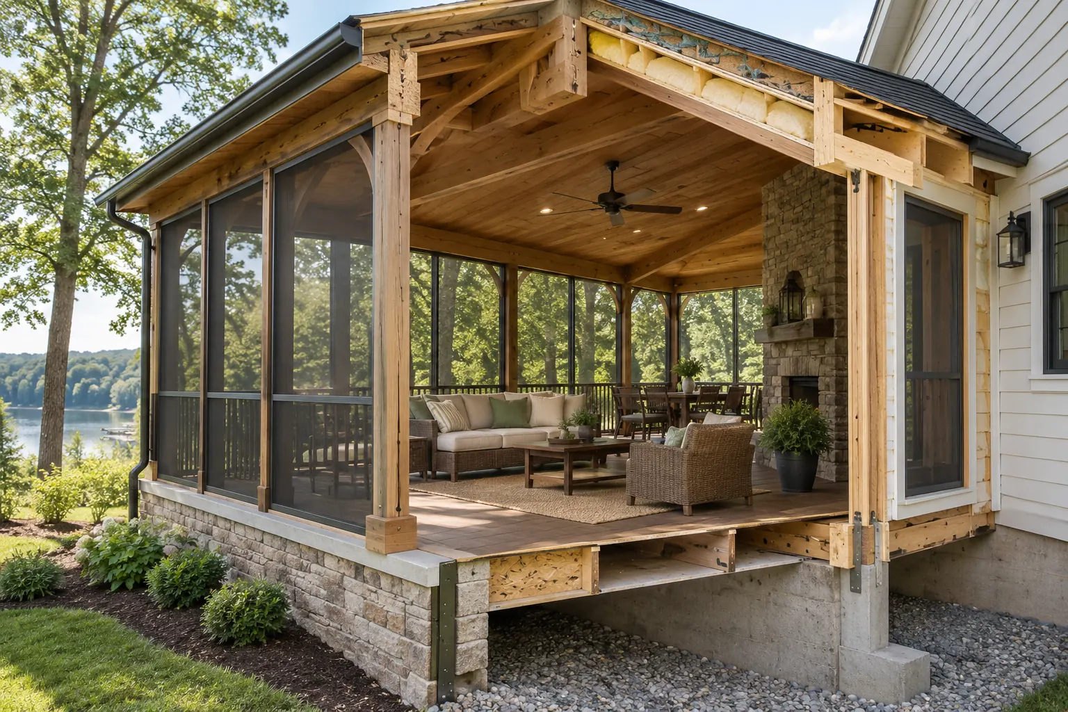 Screened porch design illustration showing the roof, enclosure and supporting structure