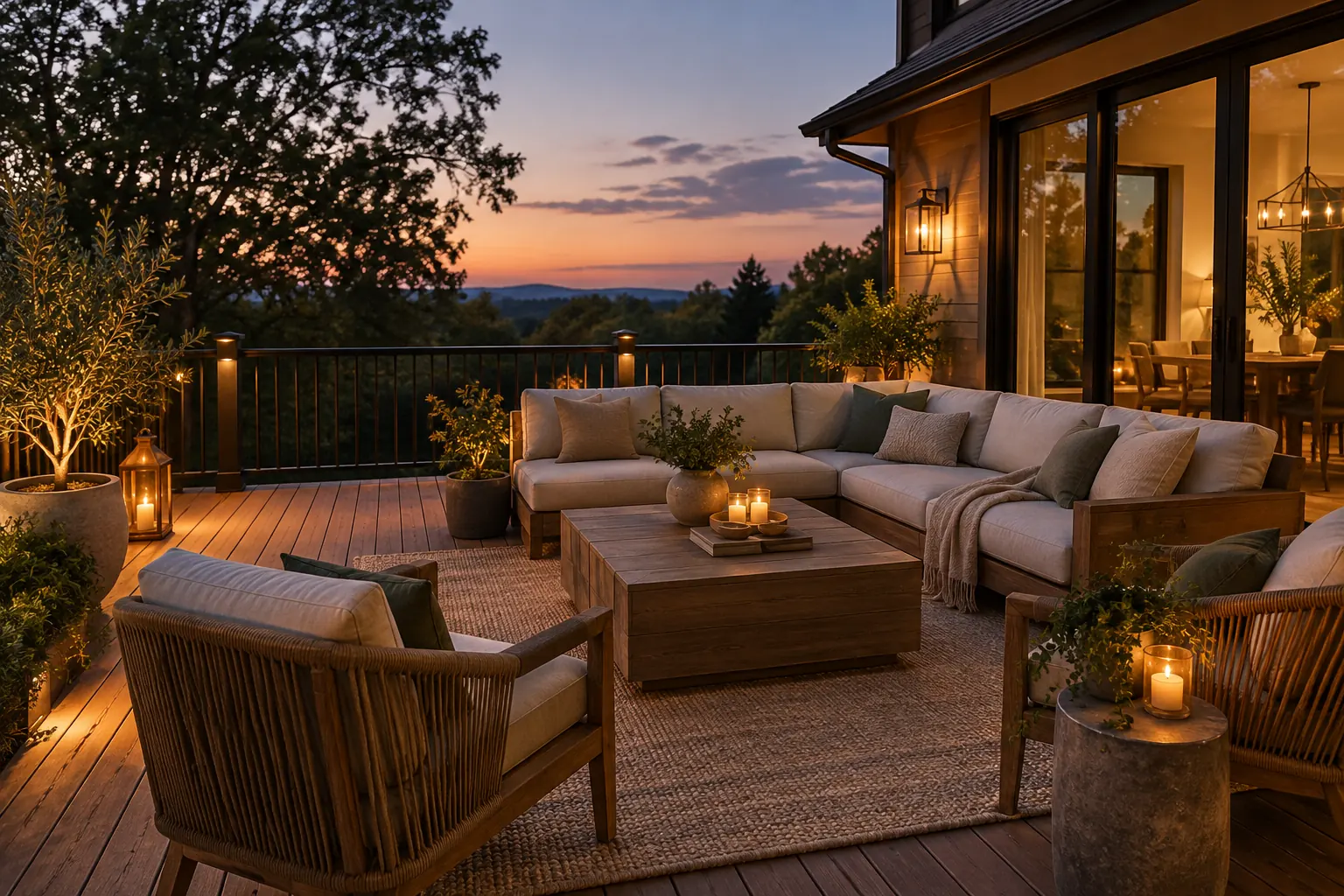 Warm timber deck lounge with black railings, neutral seating and evening lighting