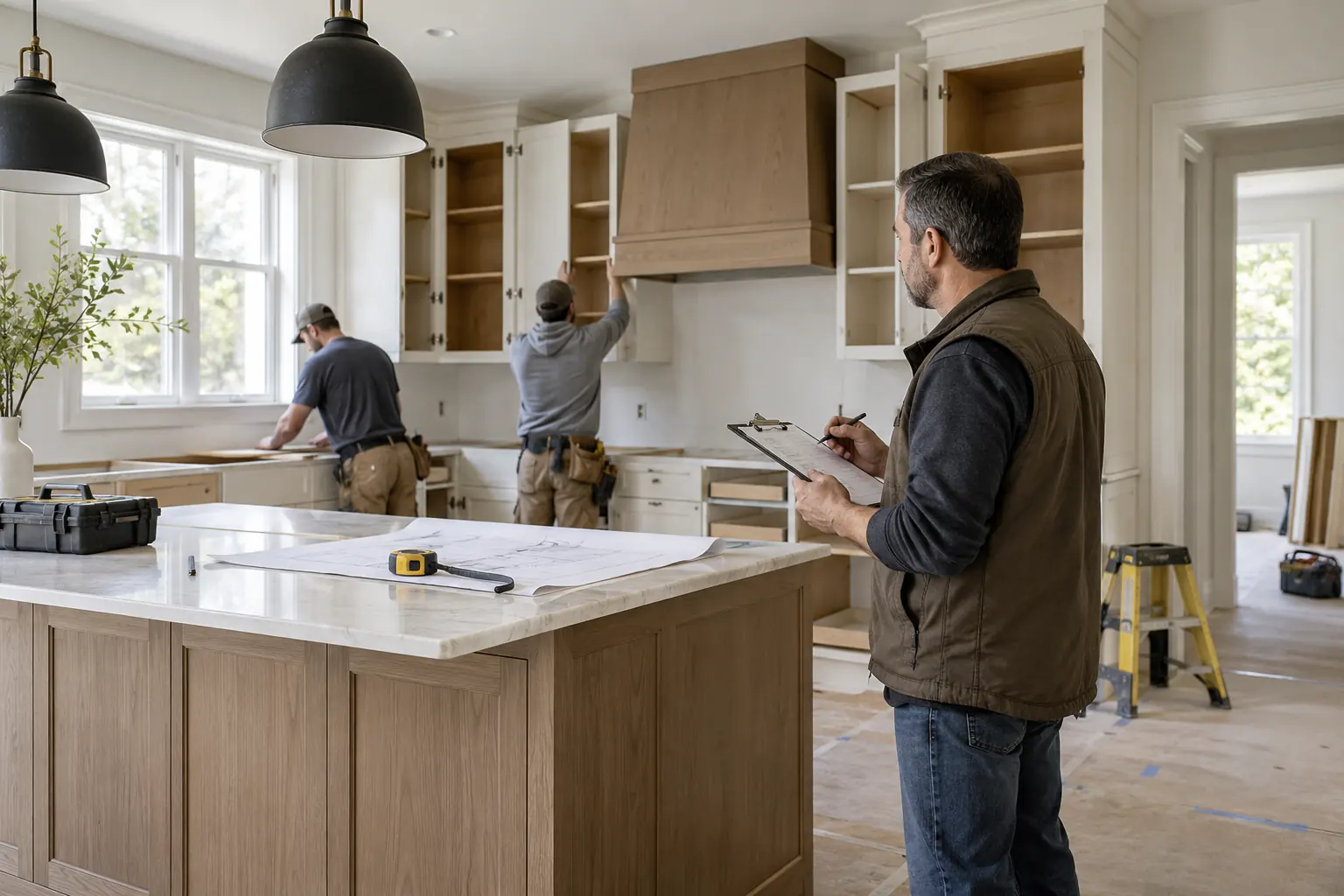 Illustrative contractor reviewing work during an organized kitchen renovation